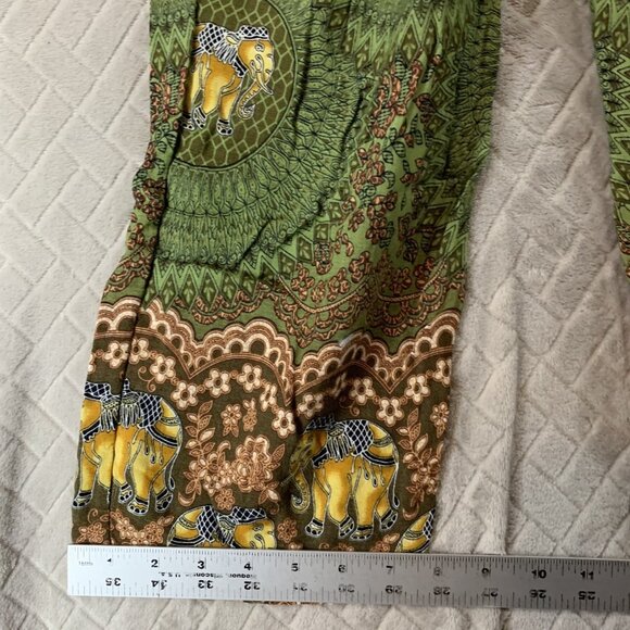 Kathmandu Imports Sz M Pants Green Colorful Elephant Baggy Boho Hippie Festival - Picture 9 of 16